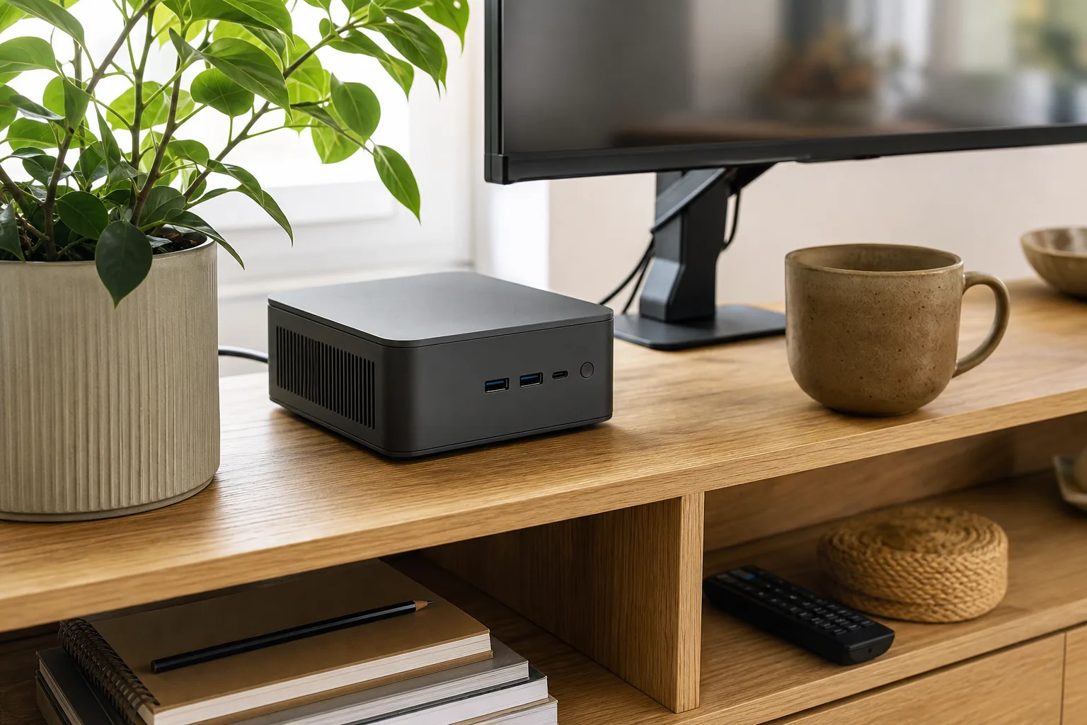 En neutral grafitfärgad mini-PC på en träbänk med kartong