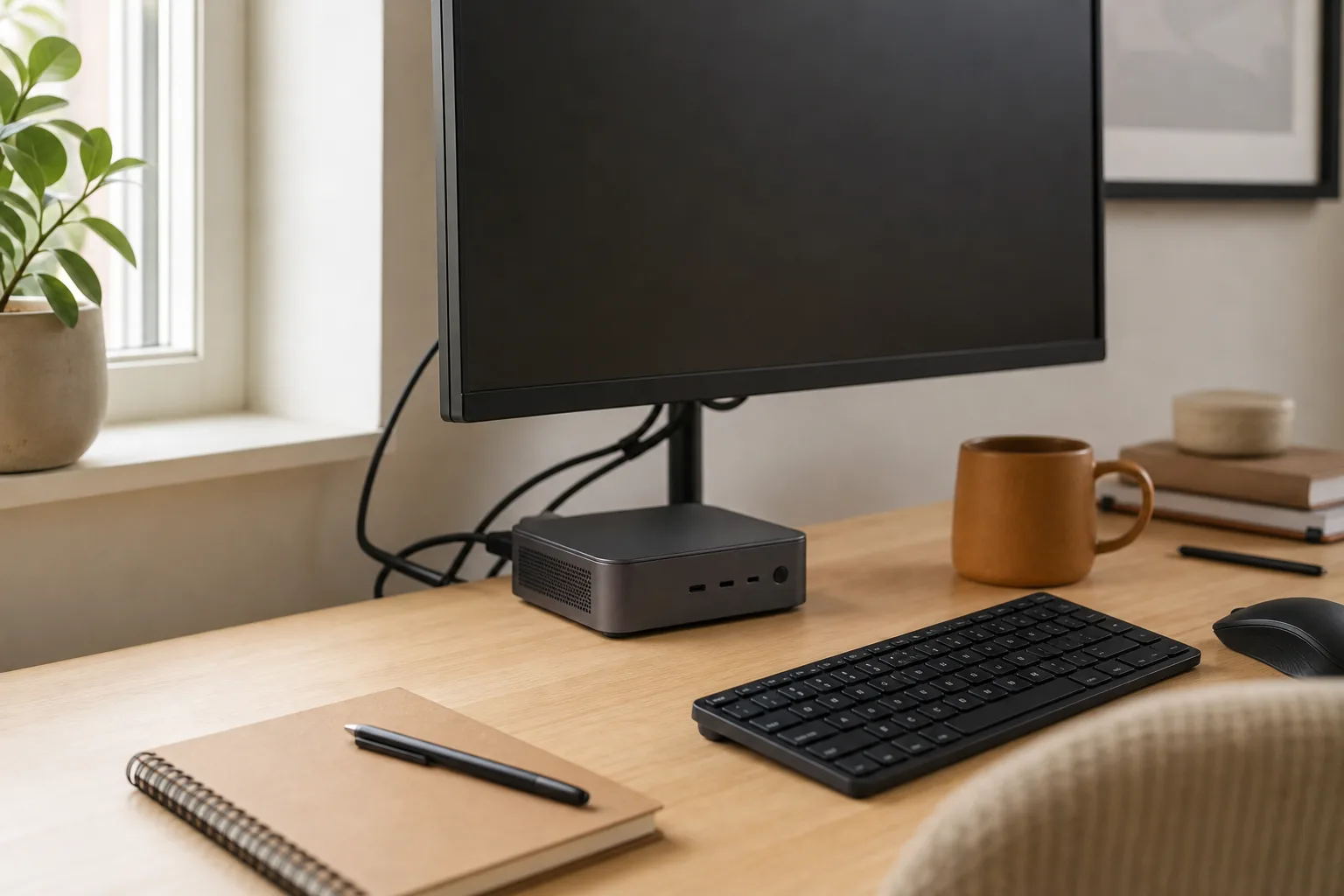 En neutral grafitfärgad mini-PC bredvid en avstängd skärm och tangentbord