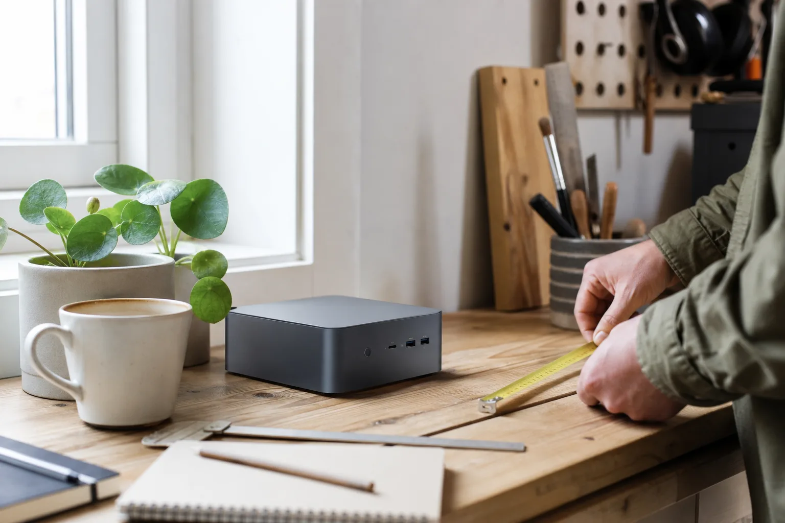 En neutral grafitfärgad mini-PC på en arbetsbänk med måttband