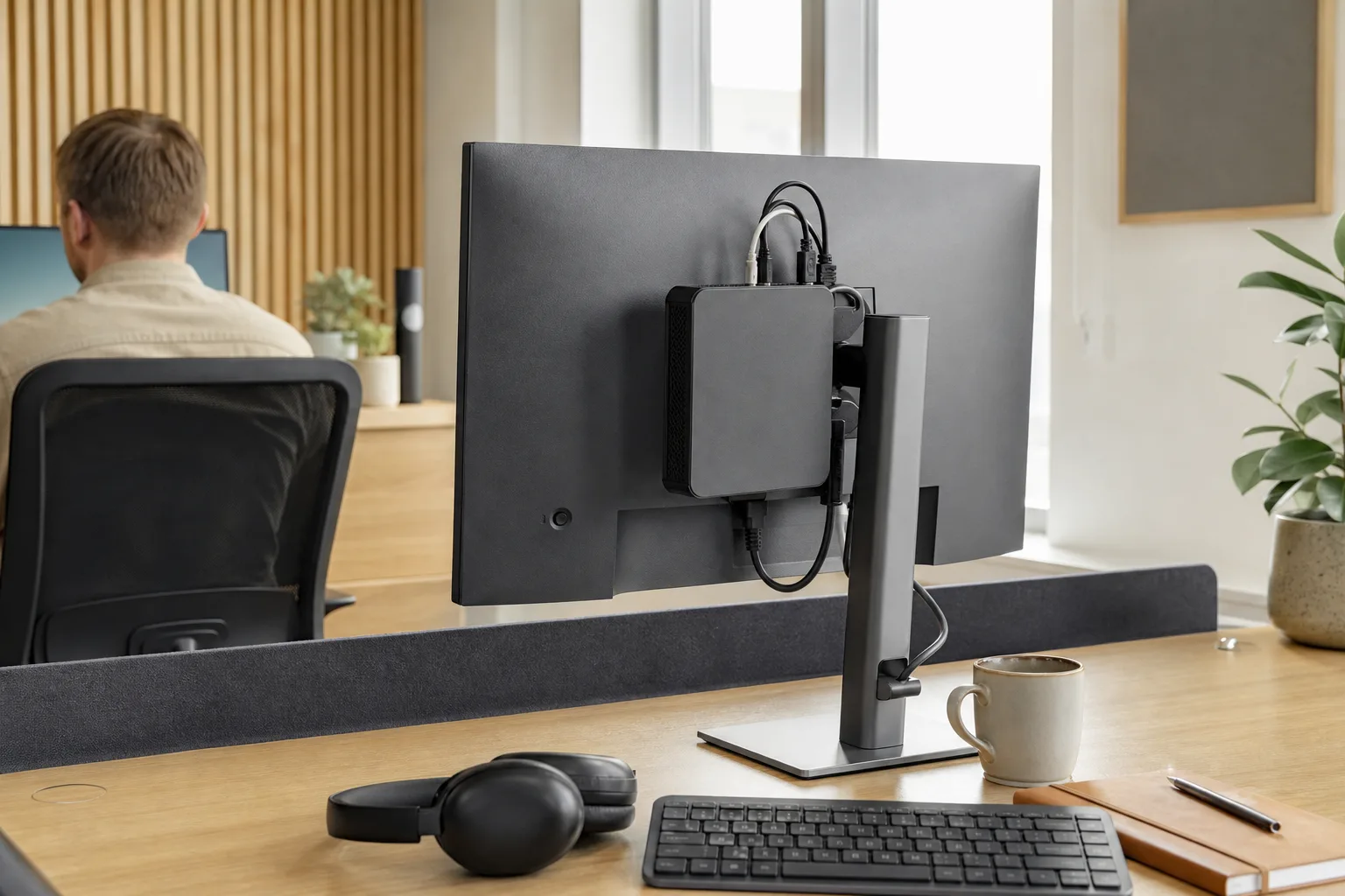 En tunn mini-PC monterad bakom en kontorsskärm på ett svenskt kontor