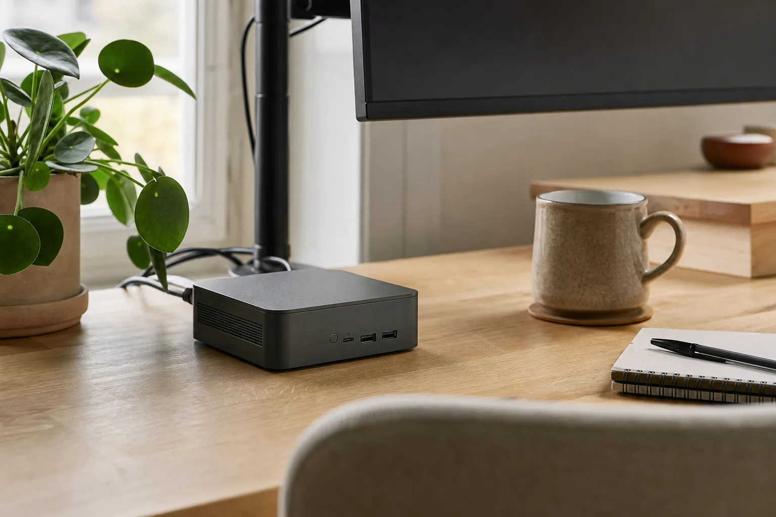 En neutral grafitfärgad mini-PC på ett fönsterbord med dagsljus