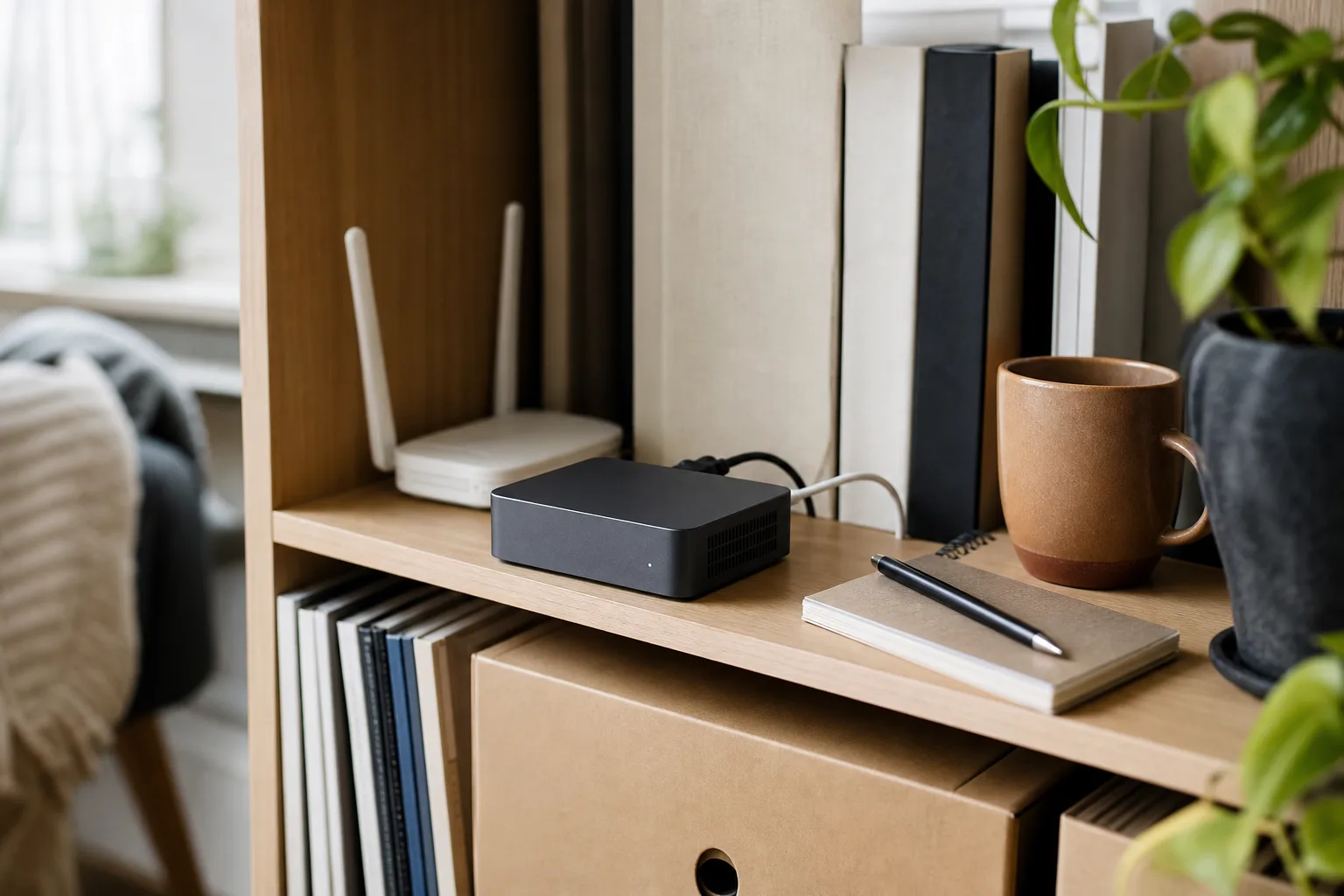 En neutral grafitfärgad mini-PC i en bokhylla med nätverkskabel