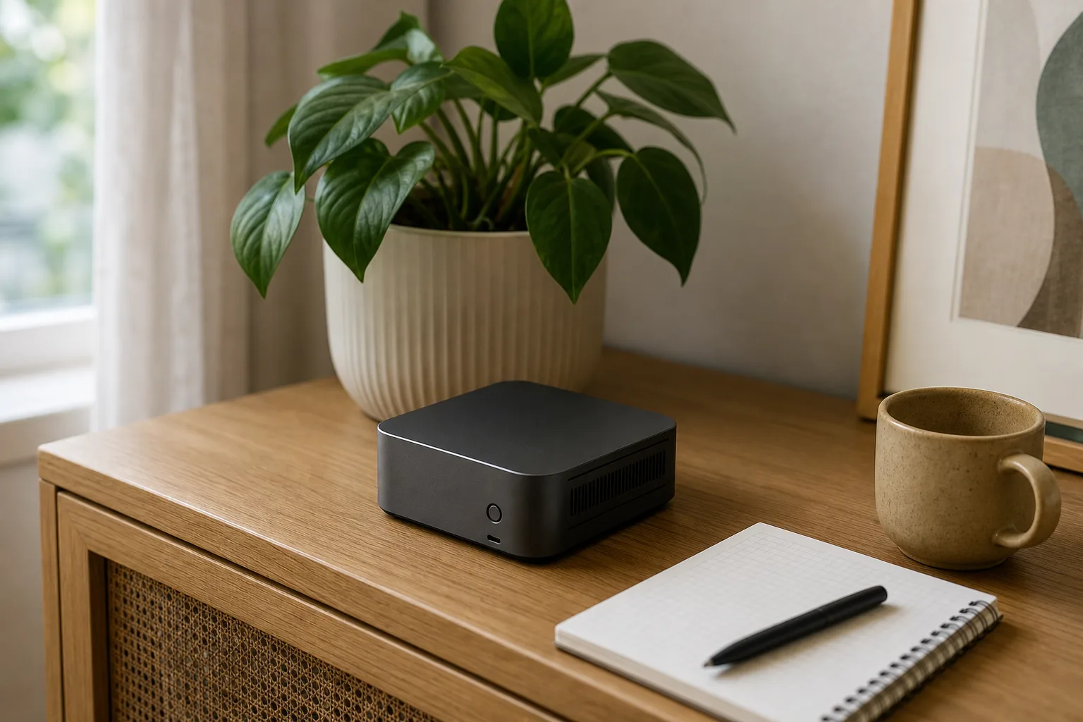 En neutral grafitfärgad mini-PC på ett sidobord med krukväxt