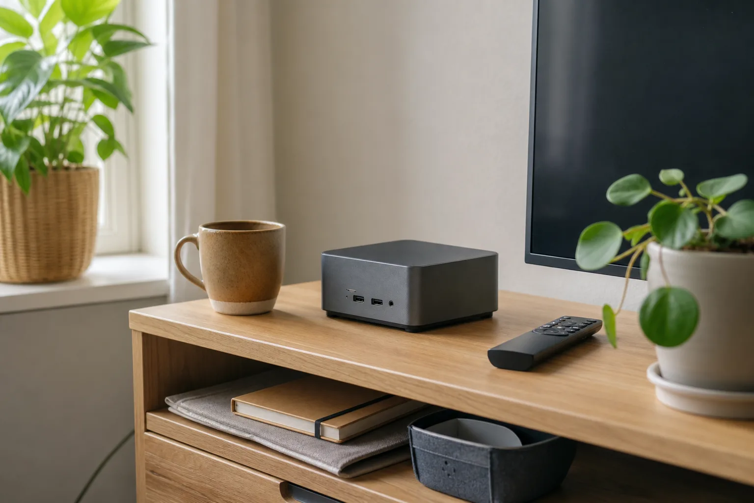 En neutral grafitfärgad mini-PC på en låg tv-bänk bredvid en fjärrkontroll