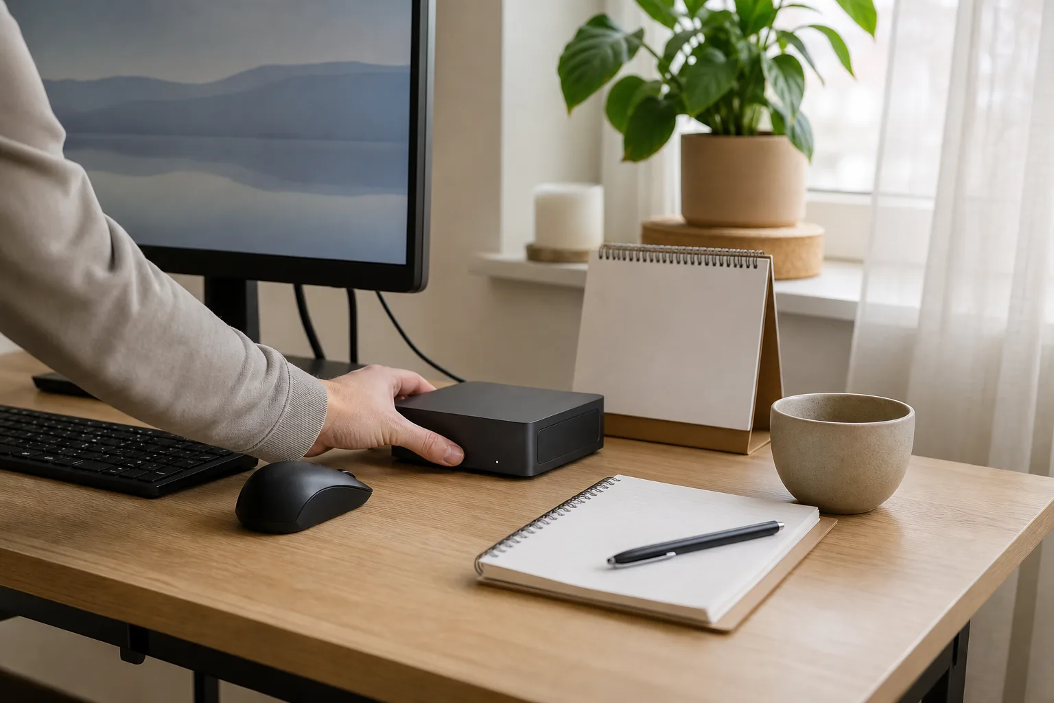 En neutral grafitfärgad mini-PC vid en neutral skärm och bordskalender