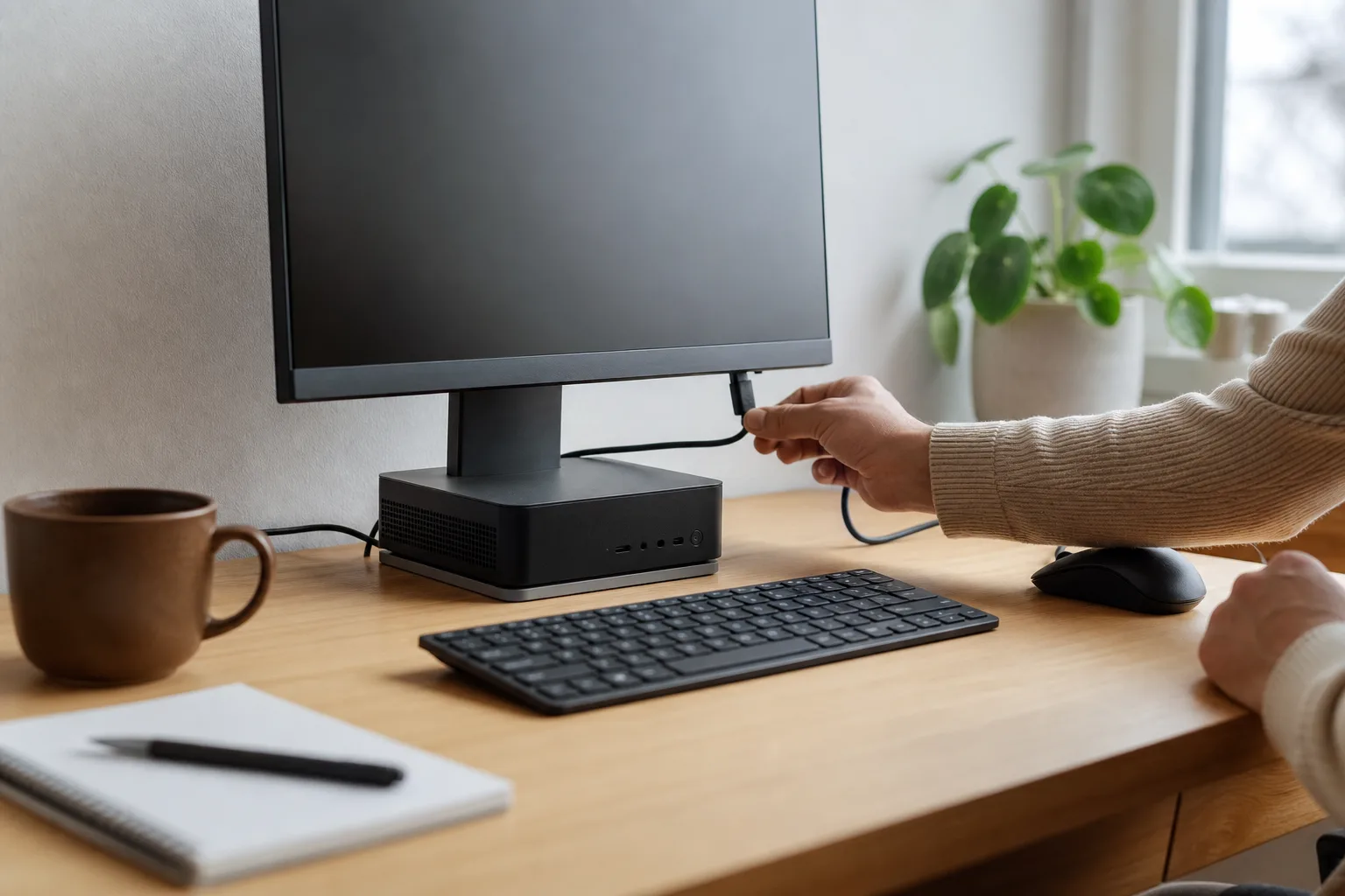 En liten kontorsdator i micro-format under skärmfoten på ett ljust skrivbord