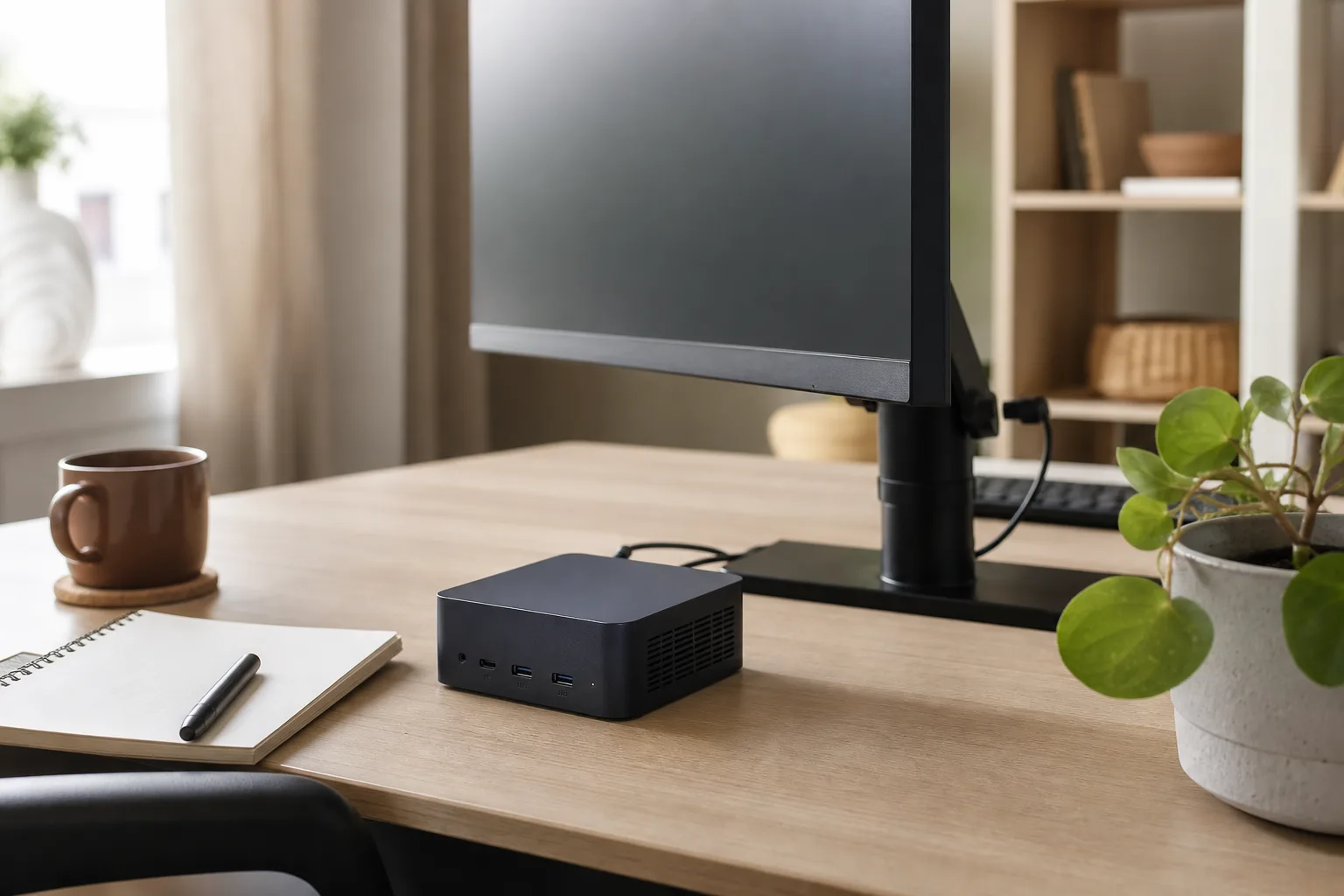 En neutral grafitfärgad mini-PC i en liten kontorsnisch med nätadapter