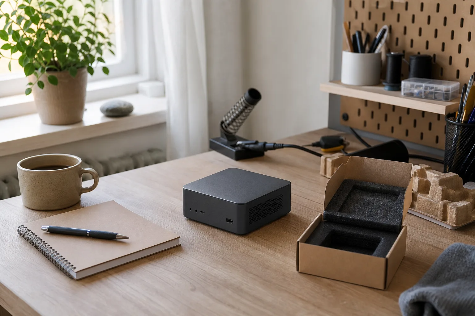 En neutral grafitfärgad mini-PC på ett hobbybord med skyddad ask