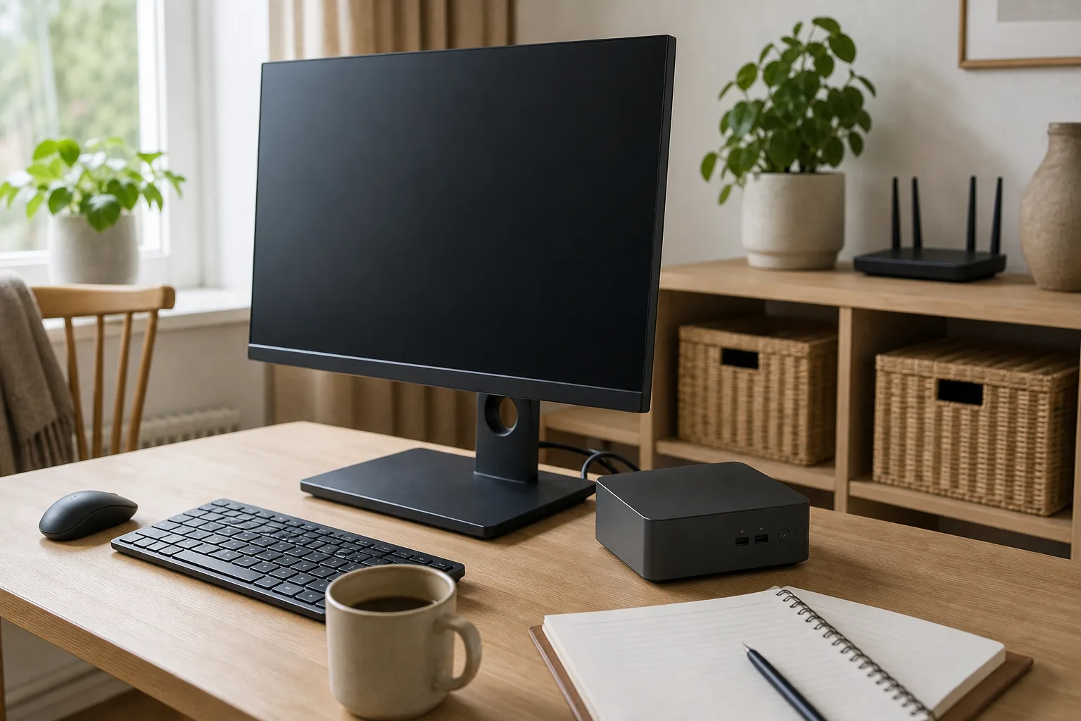 En neutral grafitfärgad mini-PC bakom en avstängd skärm på ett ljust skrivbord