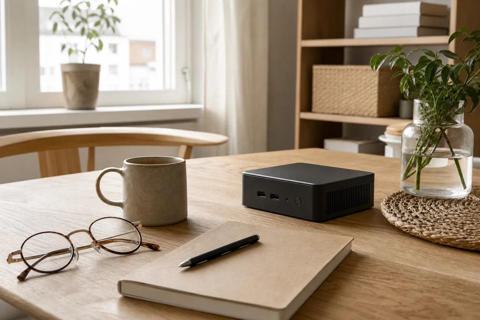 En neutral grafitfärgad mini-PC på ett köksbord med glasögon