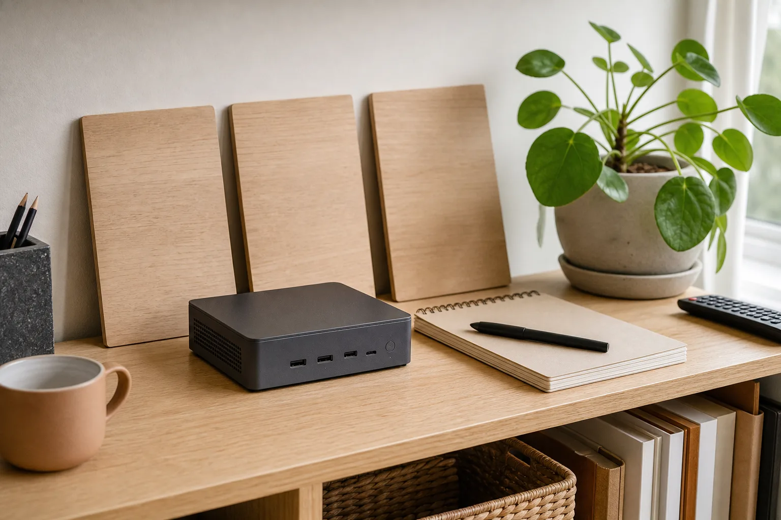 En neutral grafitfärgad mini-PC på en hylla med tre tomma trälappar