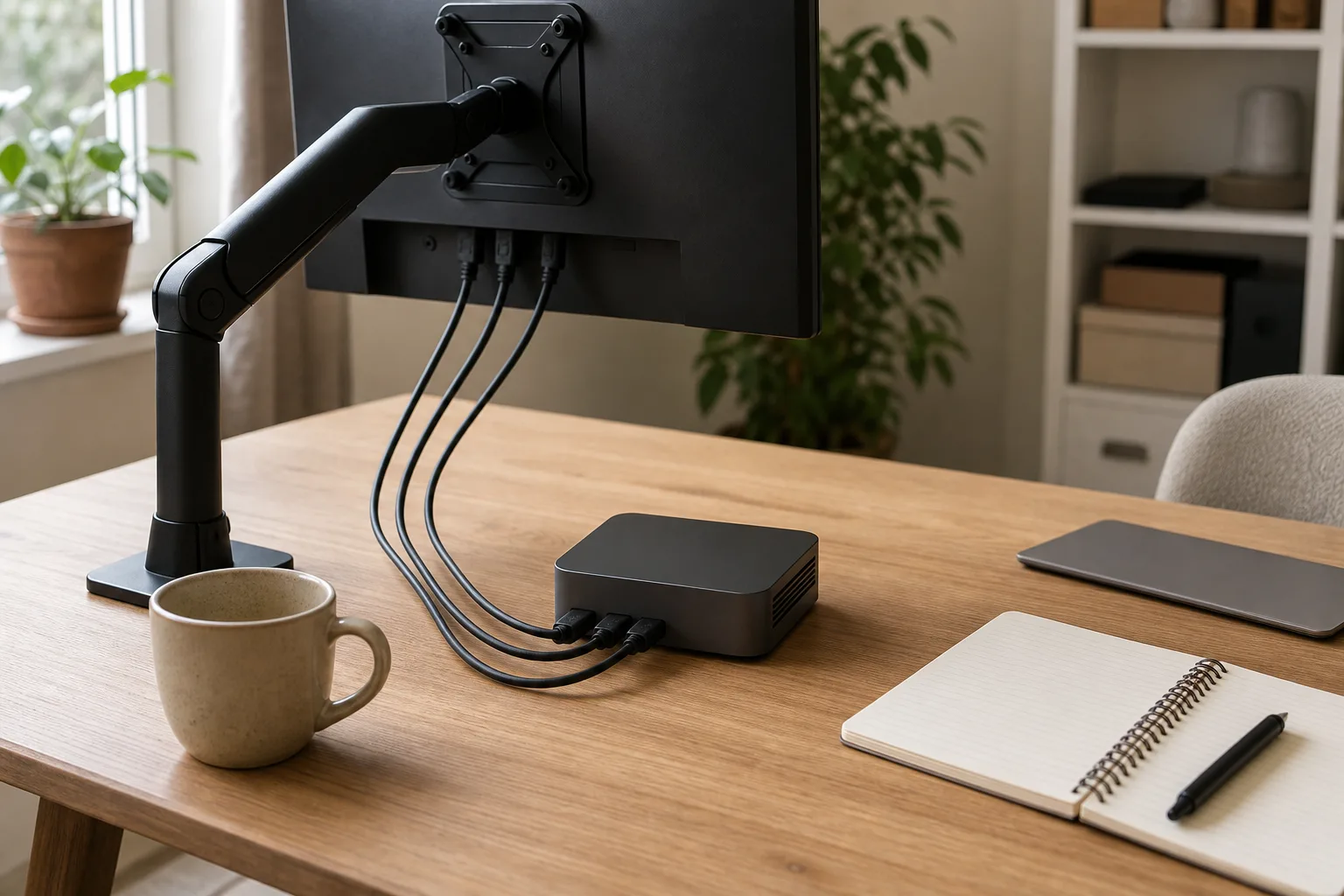En neutral grafitfärgad mini-PC på ett skrivbord med tre bildkablar
