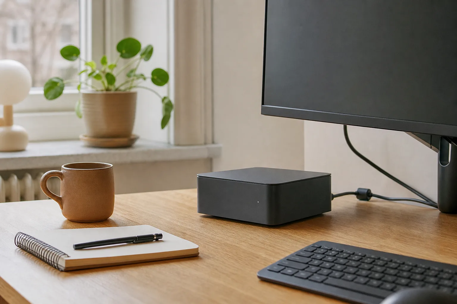 En neutral grafitfärgad mini-PC på en bänk med neutral kartong