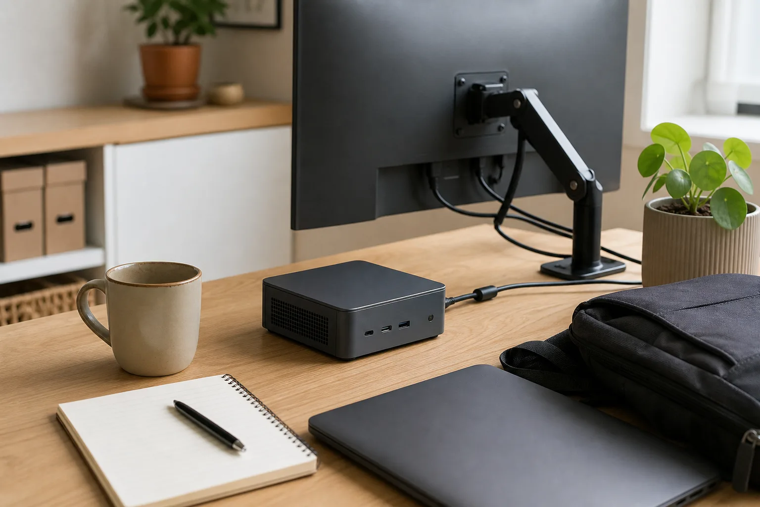 En neutral grafitfärgad mini-PC bredvid en ryggsäck och stängd laptop