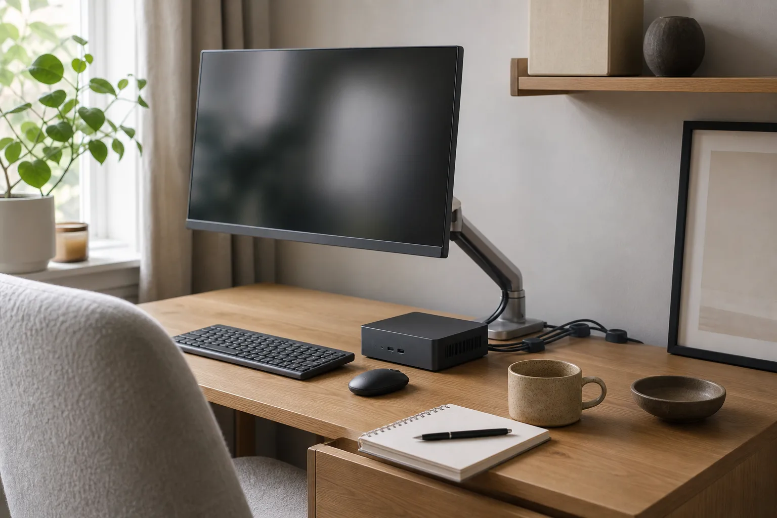 En neutral grafitfärgad mini-PC i ett ljust gästrum med kabelhållare