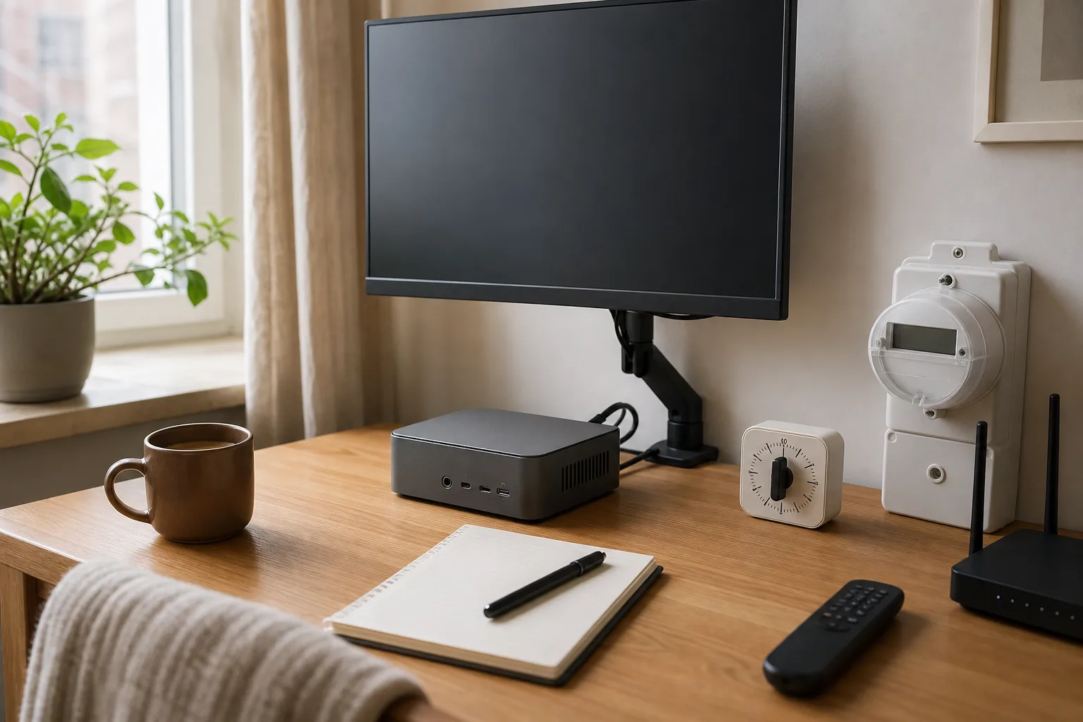 En neutral grafitfärgad mini-PC bredvid en analog timer och elmätare utan siffror