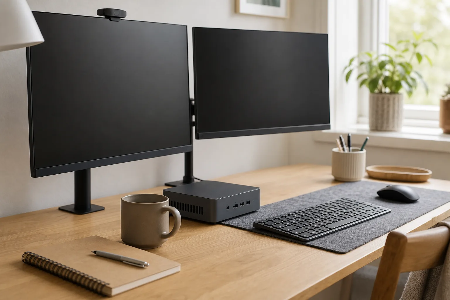 En neutral grafitfärgad mini-PC på ett skrivbord med två avstängda skärmar