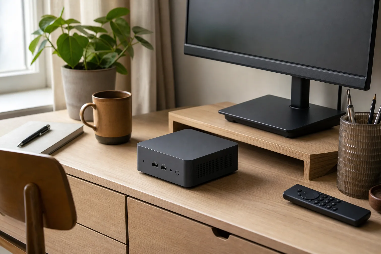 En neutral grafitfärgad mini-PC på en träskiva med tre omärkta lådor