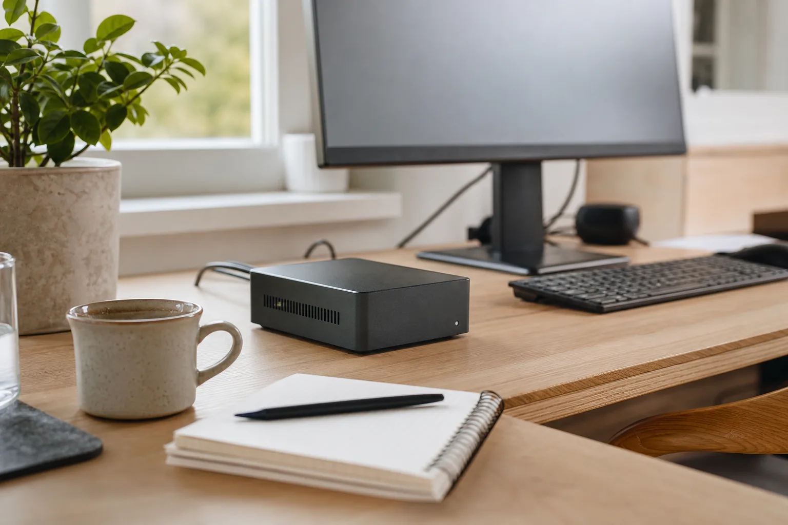 En neutral grafitfärgad mini-PC vid en skärm med neutral oskarp yta