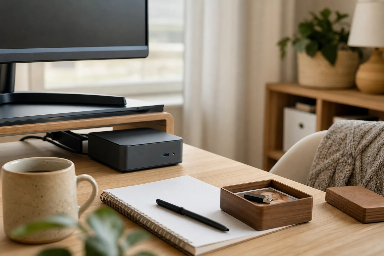 En neutral grafitfärgad mini-PC på ett bord med minnesask och USB-minne