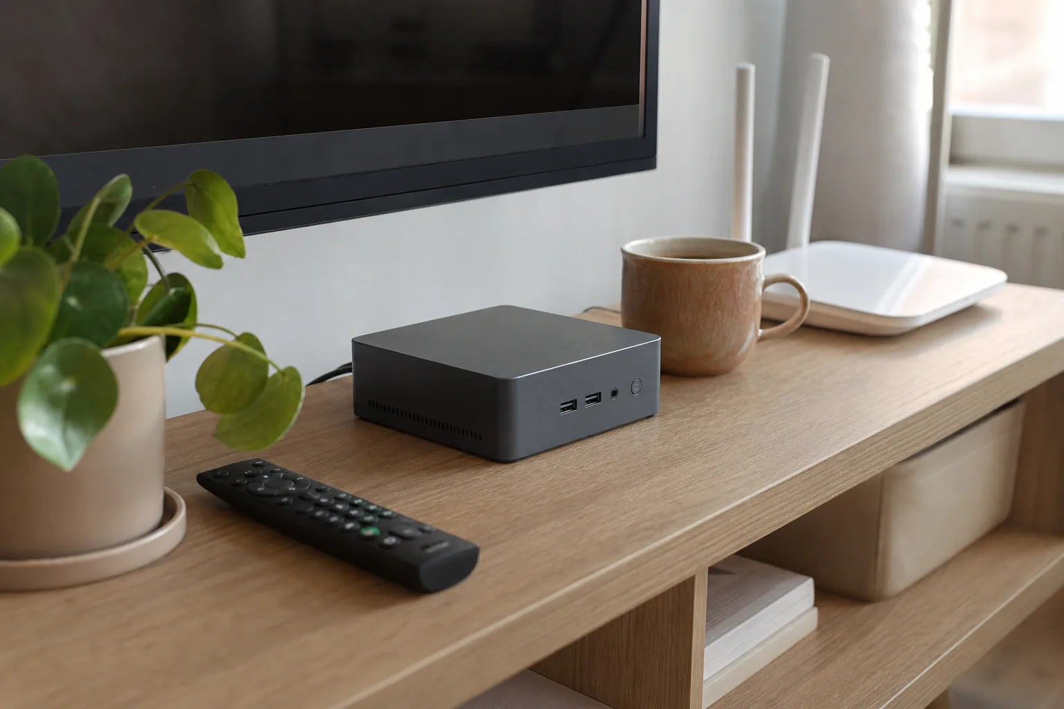 En neutral grafitfärgad mini-PC på en hylla med fjärrkontroll och växt