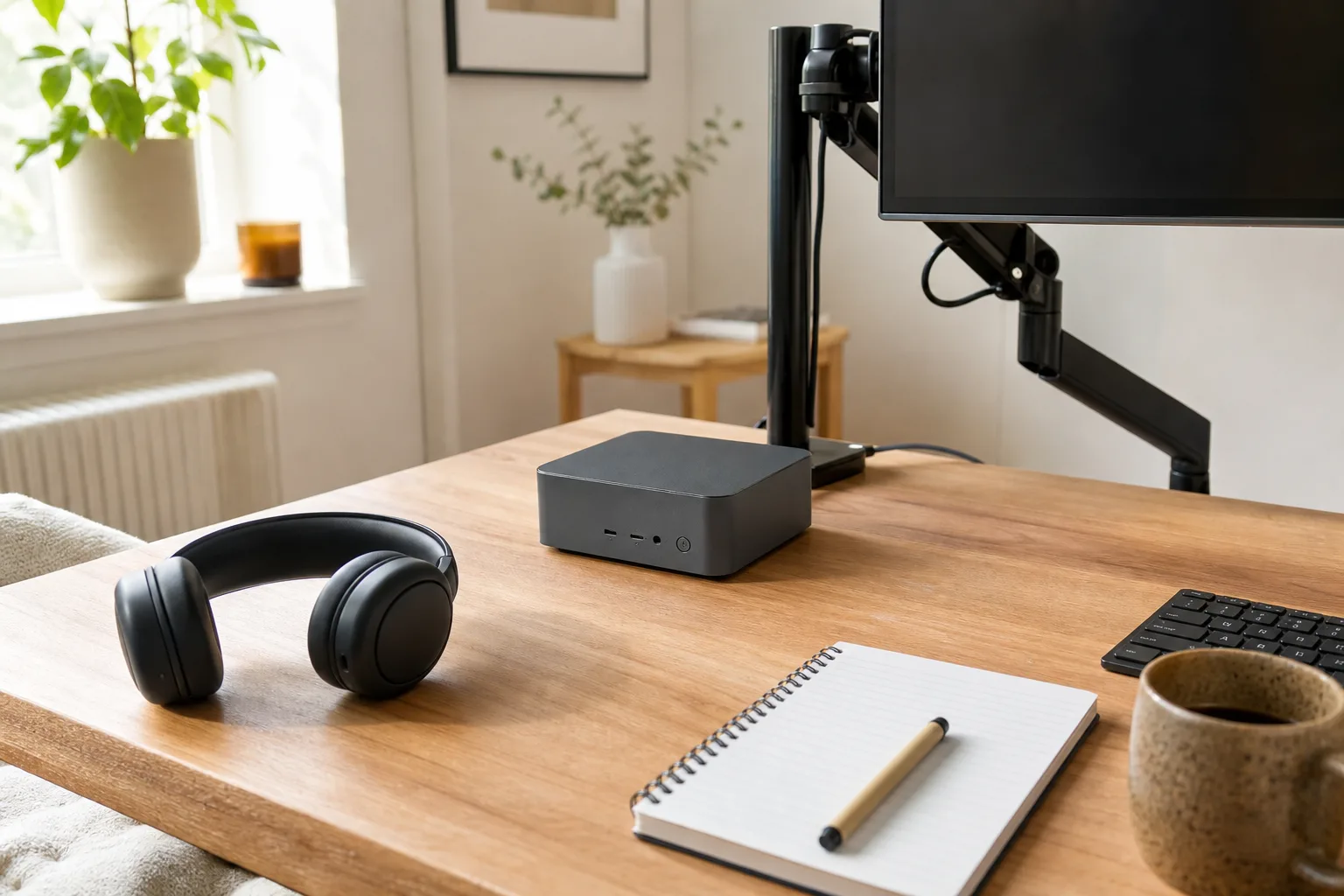 En neutral grafitfärgad mini-PC på en arbetsplats med hörlurar