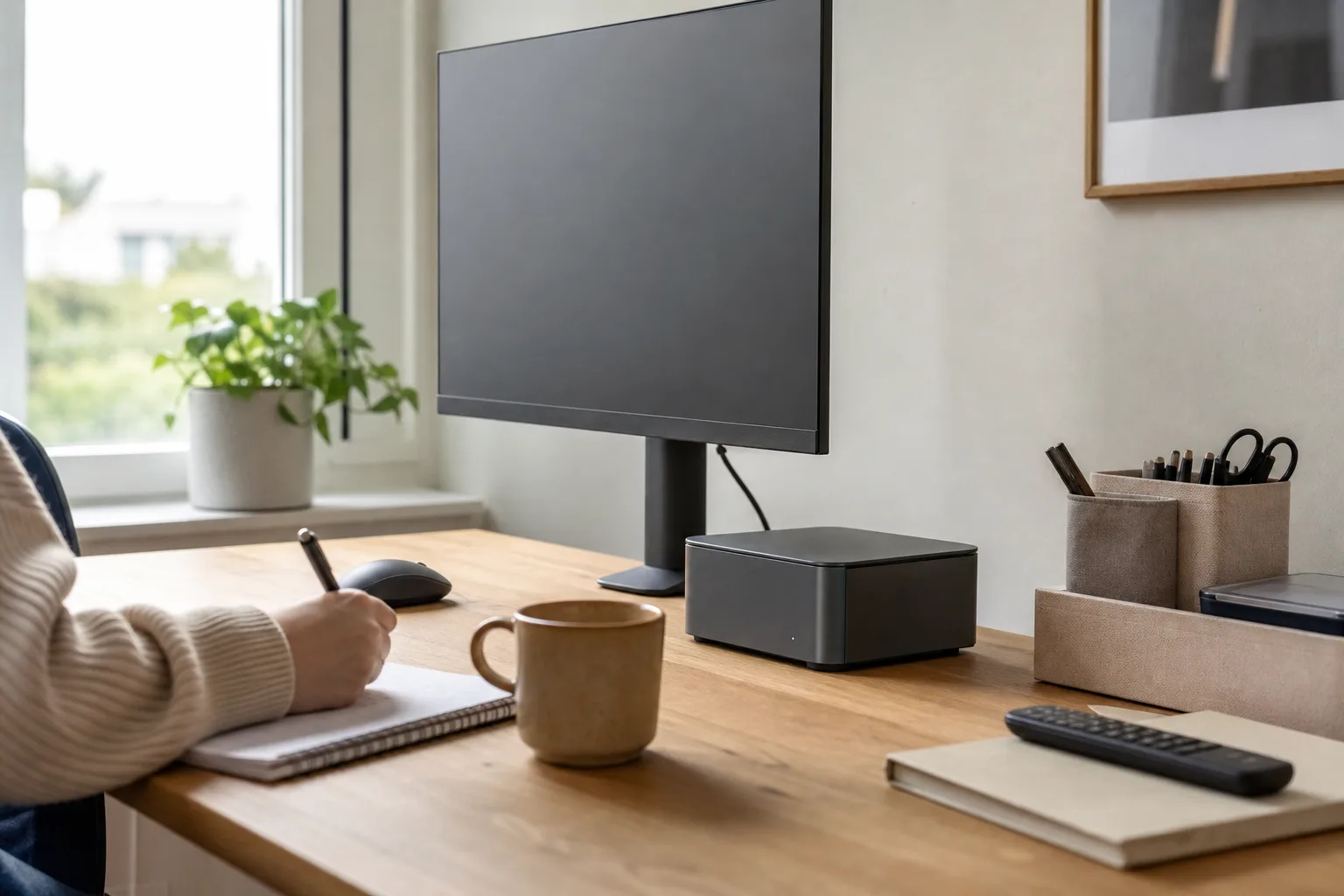 En neutral grafitfärgad mini-PC på en bänk med licenskortshållare utan text