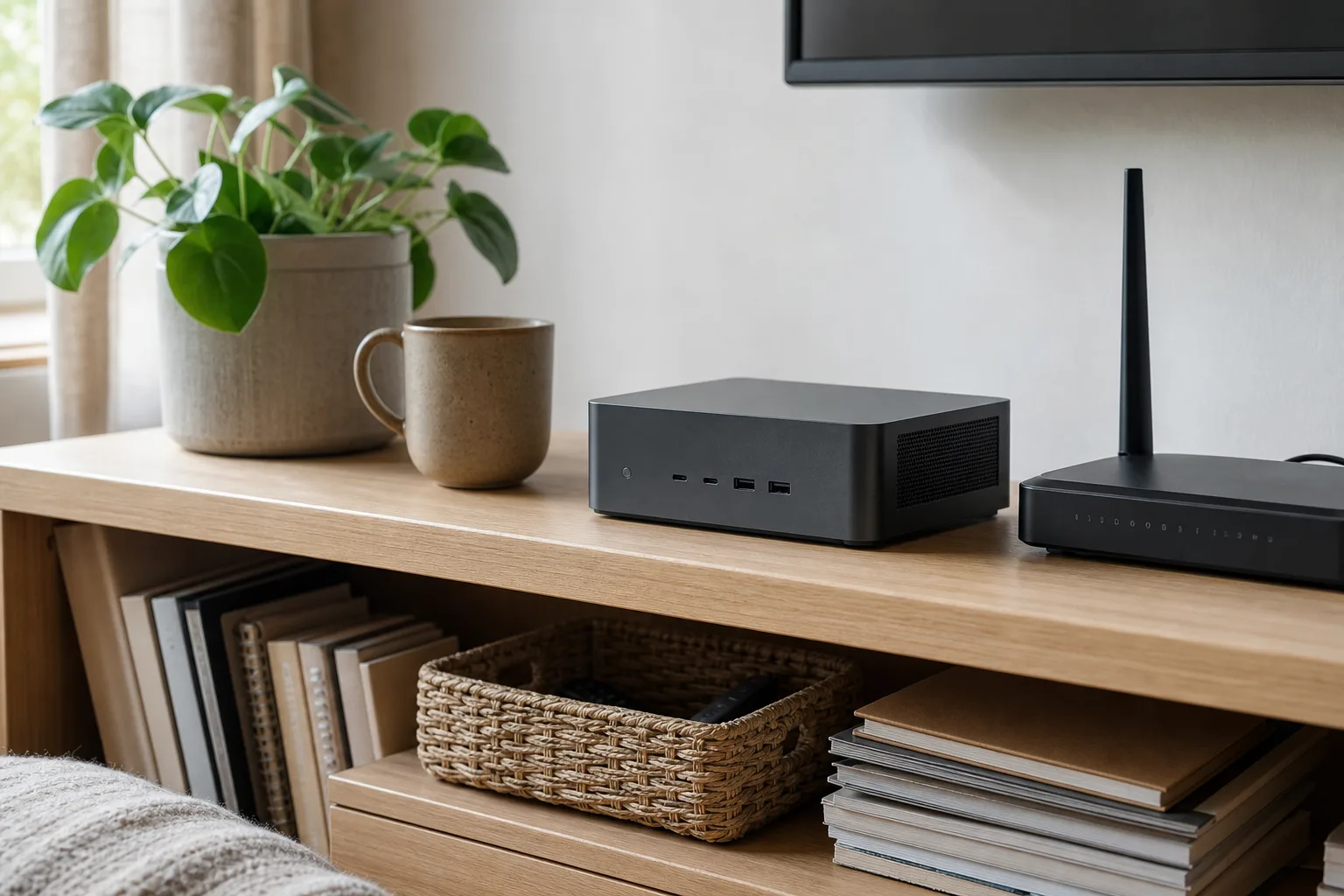 En neutral grafitfärgad mini-PC på en hylla med en liten NAS-liknande låda