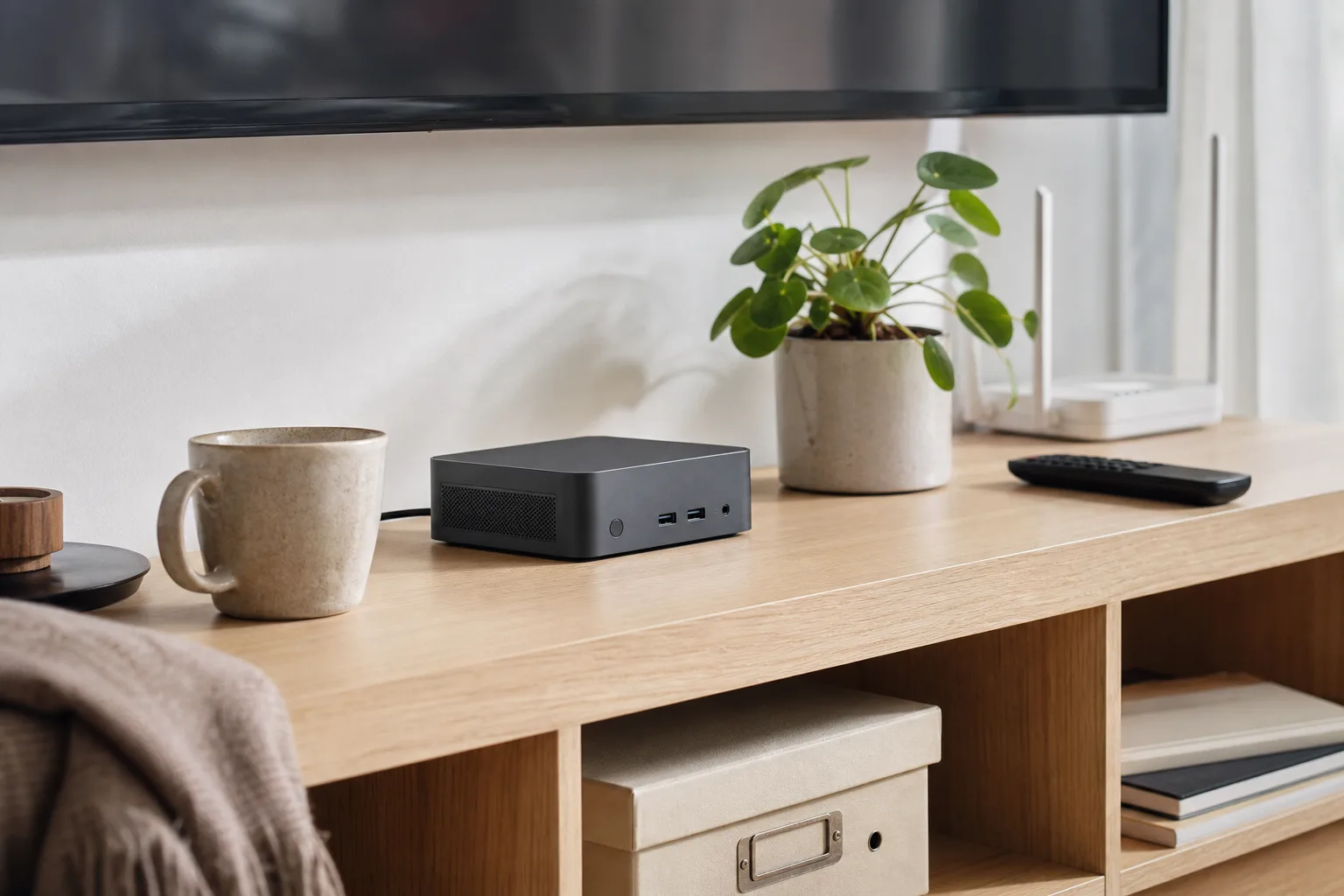 En neutral grafitfärgad mini-PC på en låg hylla med varm kopp