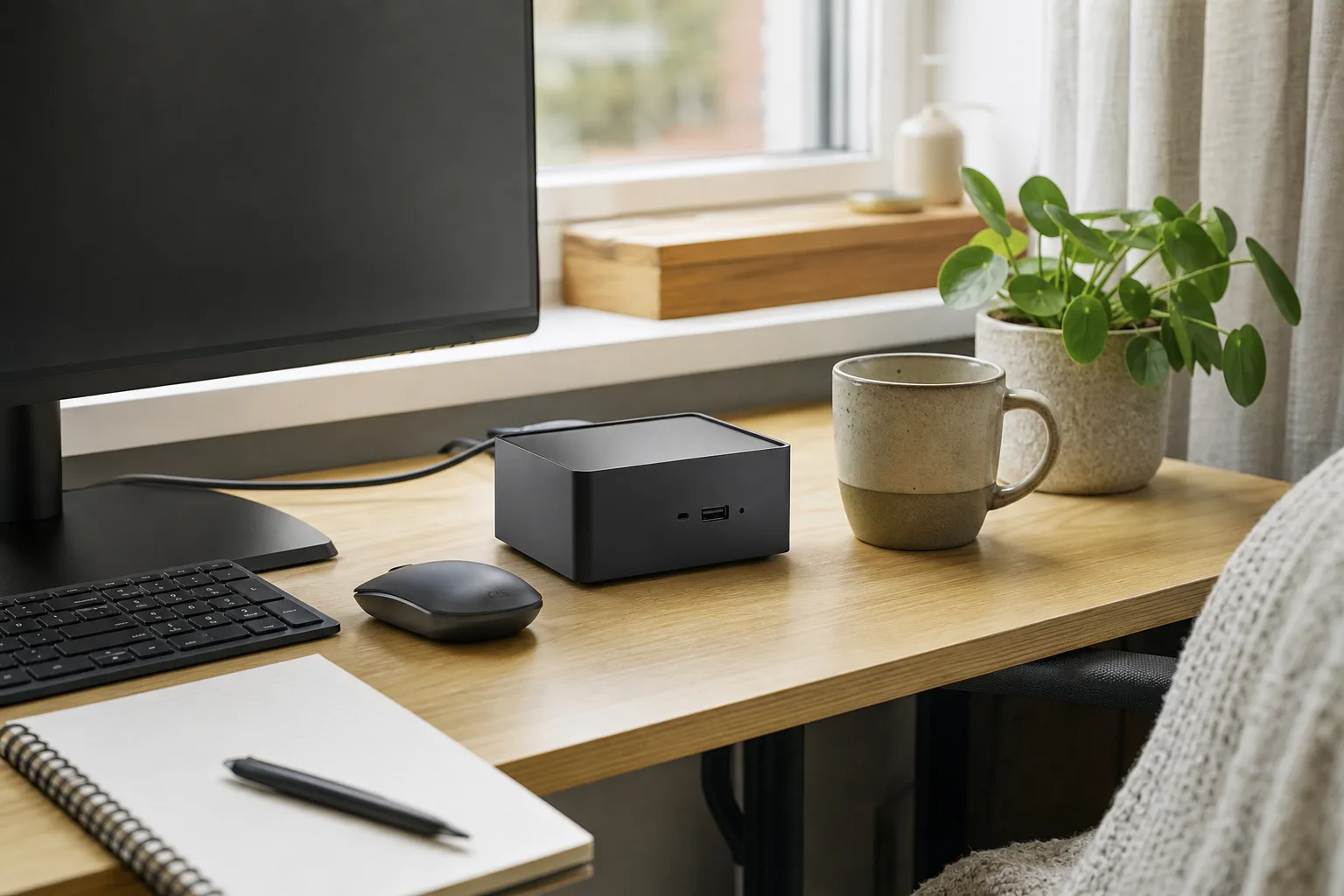 En neutral grafitfärgad mini-PC på ett lugnt skrivbord med skrivblock