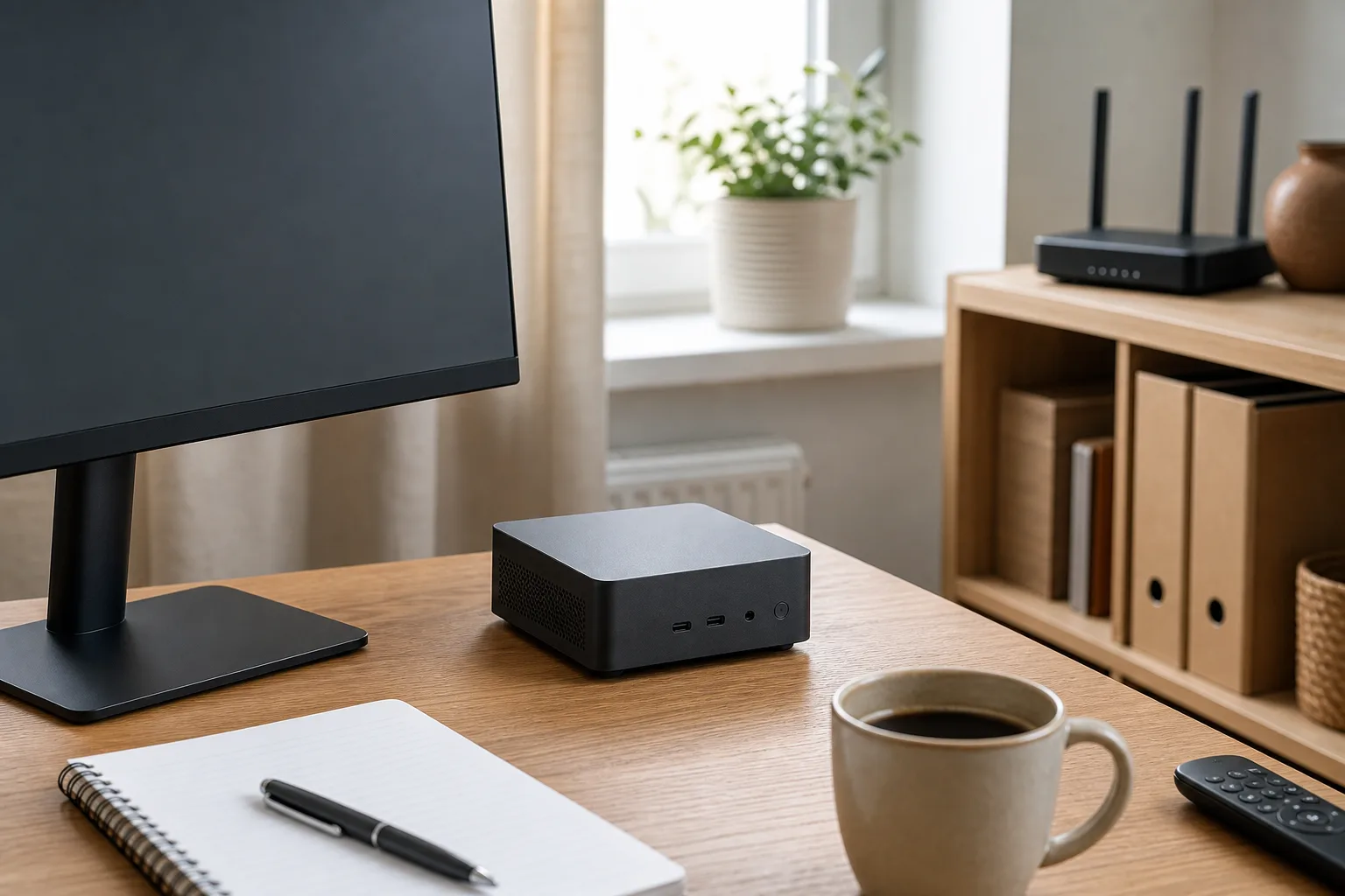 En neutral grafitfärgad mini-PC på ett rent bord med tomma jämförelsebrickor