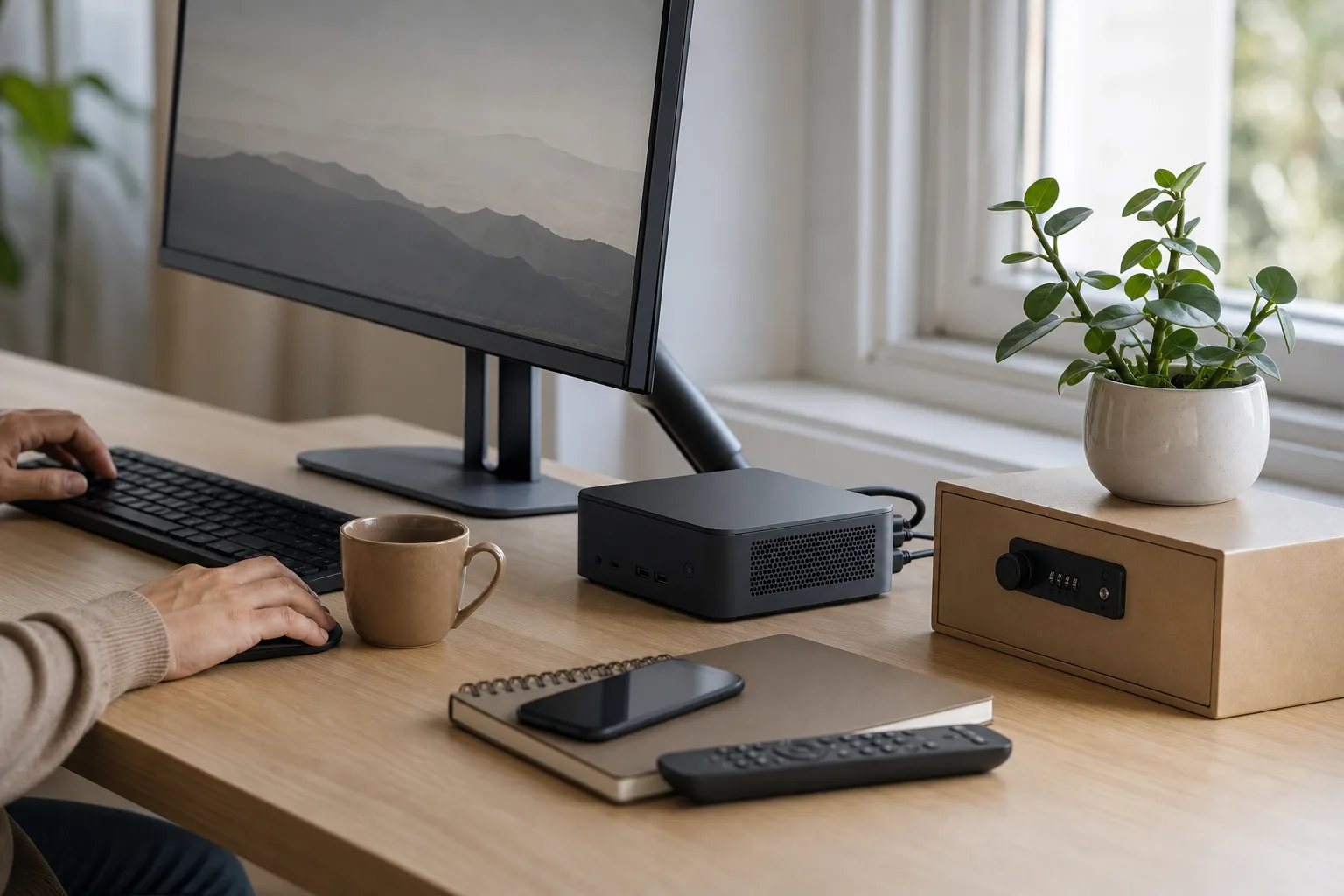 En neutral grafitfärgad mini-PC bredvid en låst förvaringsask