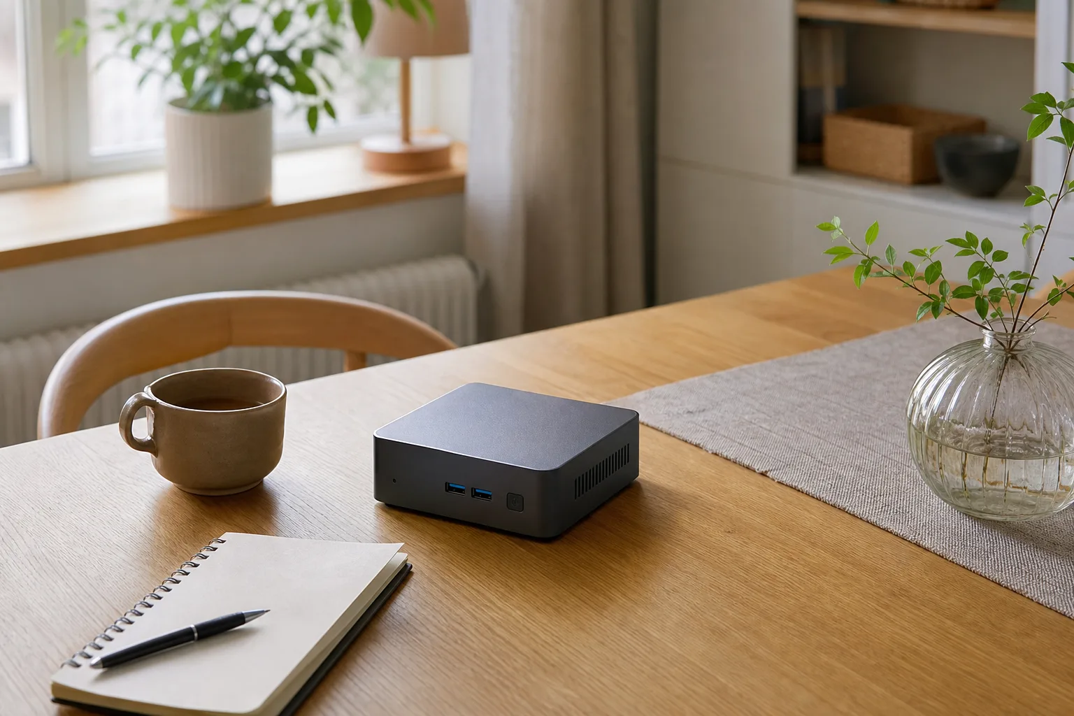 En neutral grafitfärgad mini-PC på ett köksbord med kaffekopp