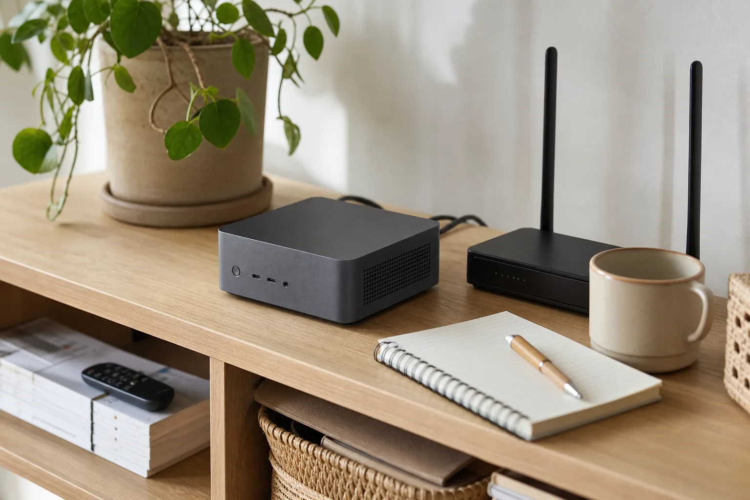 En neutral grafitfärgad mini-PC på en hylla bredvid en router