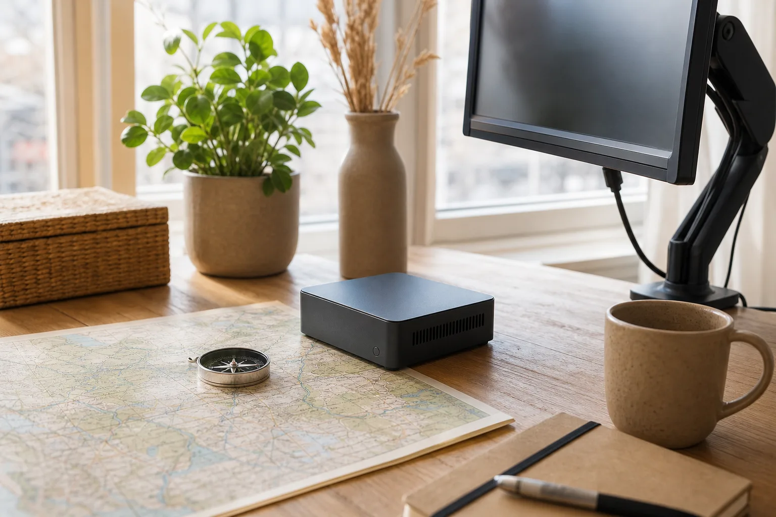 En neutral grafitfärgad mini-PC på ett bord med papperskarta och kompass