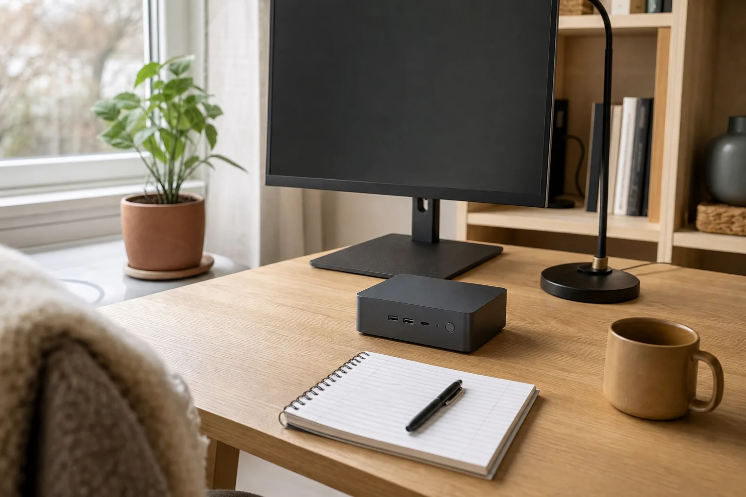 En neutral grafitfärgad mini-PC på ett skrivbord med tomma kolumner