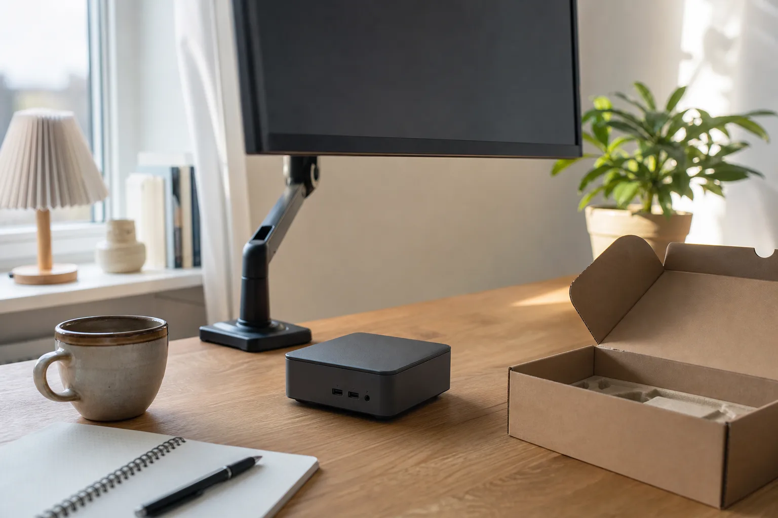 Mini-PC på ett skrivbord framför en skärm på gasfjädrad arm, med ett öppnat fästpaket bredvid