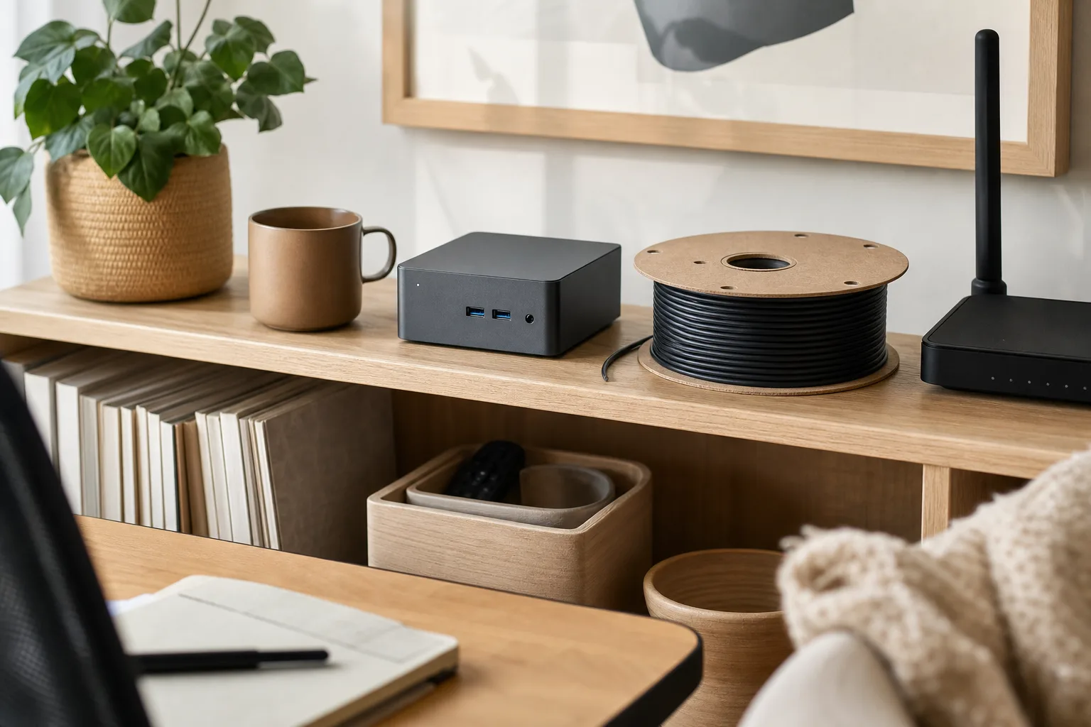 En neutral grafitfärgad mini-PC på en hylla med kabelrulle